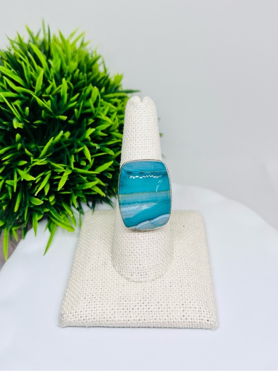 Jewelry - Botswana Agate Blue Ring with Banding Sterling Plated